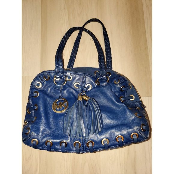Michael Kors Blue Leather Handbag With Braided Handles & Tassel Detailing - Picture 5 of 11